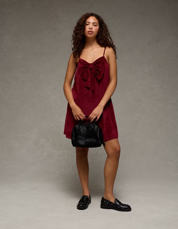AE Strapless Velvet Knit Bow-Front Mini Dress | American Eagle Outfitters (US & CA)