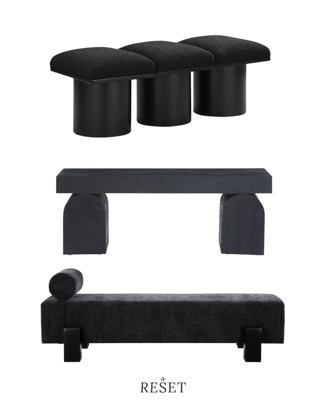 High-end black bench and modern upholstered seating for a contemporary interior.
Features clean lines, sculptural forms, and a timeless black finish.
Perfect for entryway seating, dining room benches, or bedroom benches. 

 #LTKHome