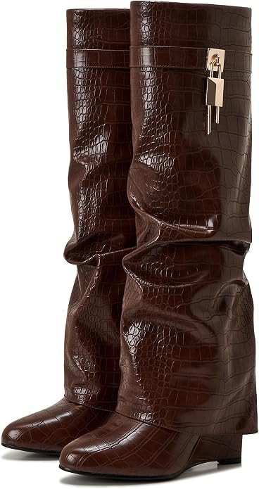 Women's Fold Over Knee High Shark Boots 4-Inch Wedge Heel Side Zipper | Amazon (US)