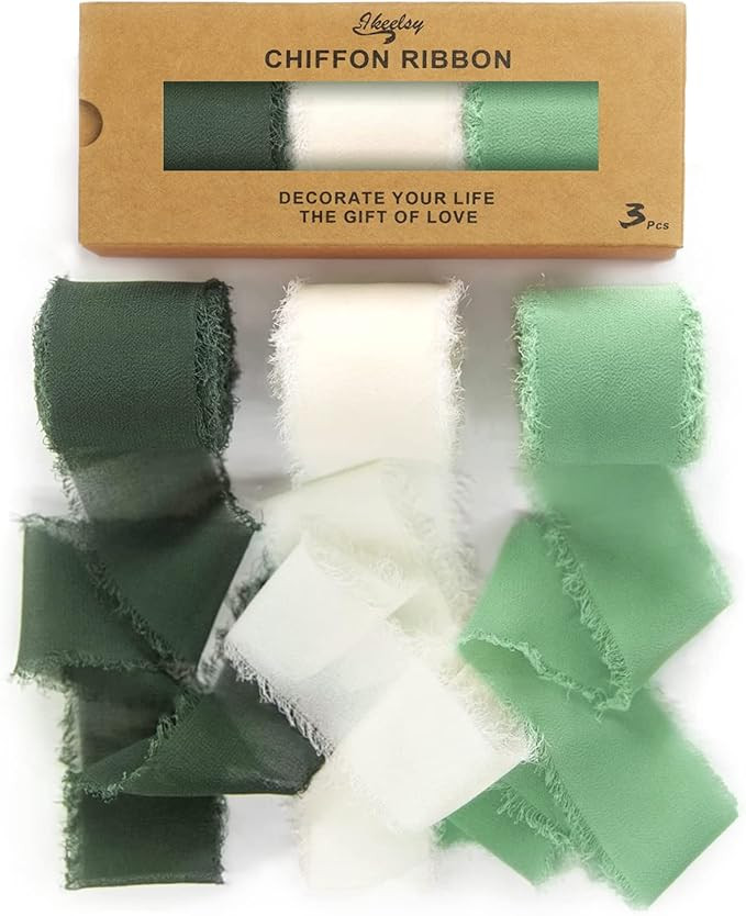 Chiffon Ribbon Fringe Gift Ribbon 3 Rolls 1.5" Wide x 7 Yd Cream Green Ribbons Set for Wedding De... | Amazon (US)
