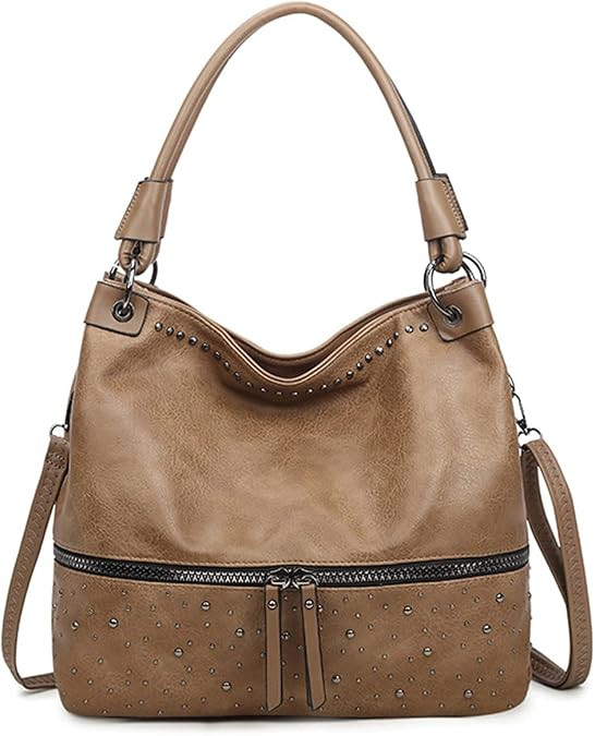 myfriday Vintage PU Hobo Shoulder Bag, Bucket Tote with Rivet Detail Purse | Amazon (US)