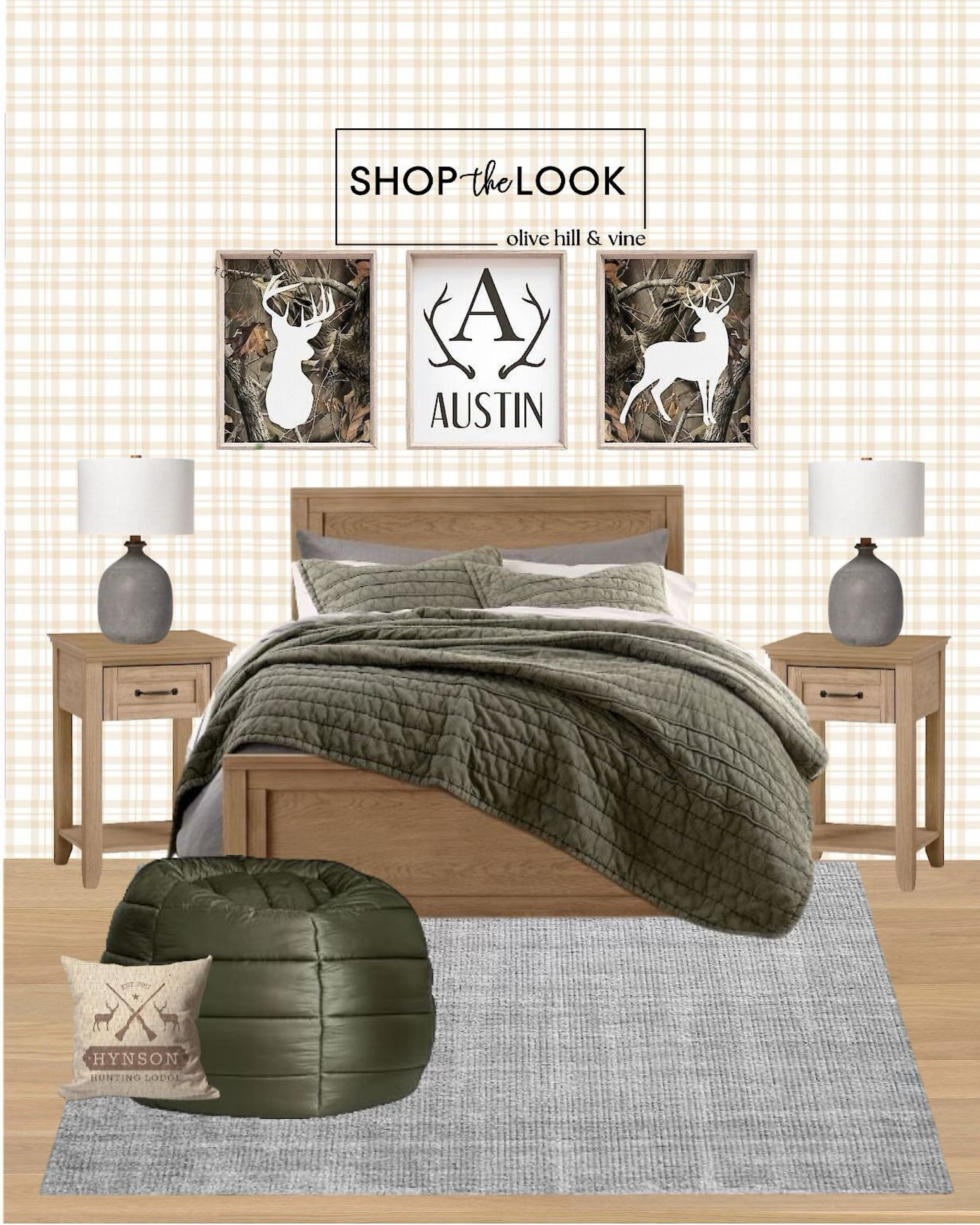 Step into a boy’s room where the great outdoors meets modern flair. A classic wood bed with tapered legs, paired with a 5-drawer dresser and nightstand, sets the scene. Deep olive bedding, plaid wallpaper, and hunting-inspired prints add rugged charm. 

#LTKFamily #LTKKids #LTKHome