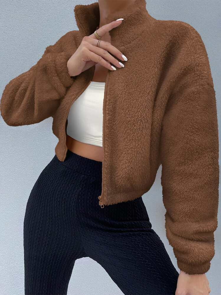 Lunelith SHEIN Lunessa Drop Shoulder Zip Up Teddy Jacket Fall Winter Cloth For Women | SHEIN