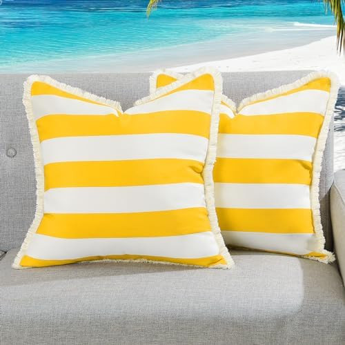 Outdoor Throw Pillow Covers 18×18 Inch, Waterproof Square Throw Pillow Cases with Fringe, Stripe... | Amazon (US)