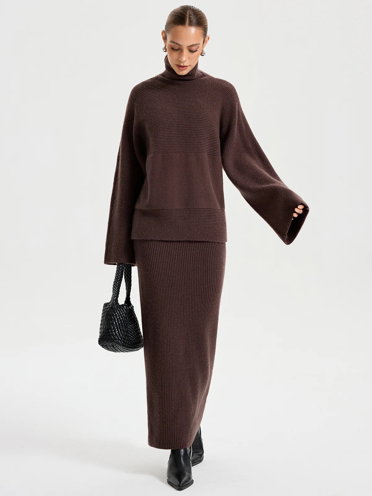 Turtleneck Knit Top and Maxi Skirt Set | Commense