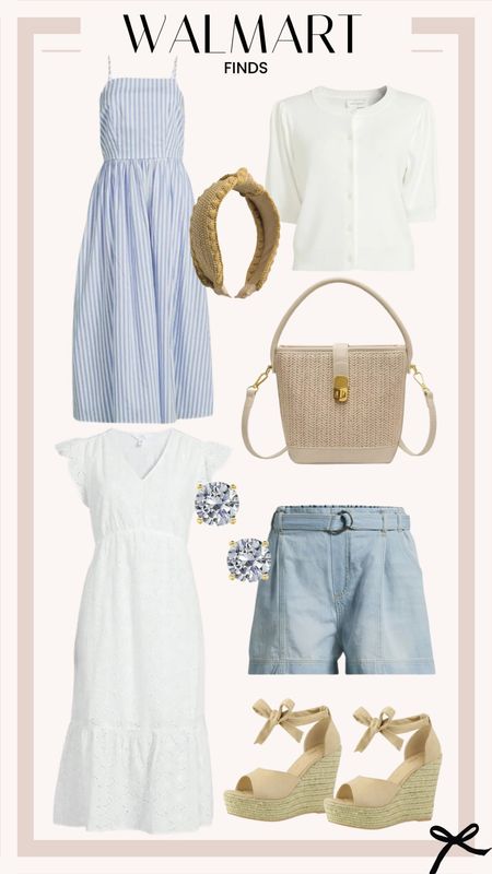 Walmart finds that I am loving. This blue and white striped dress and eyelet dress are so pretty for spring! This button up sweater and blue shorts would be adorable paired with these wedges too! 

#LTKstyletip #LTKfindsunder100 #LTKfindsunder50
