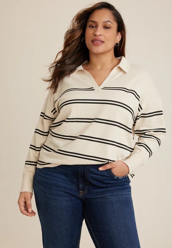 Plus Size Johnny Collared Striped Pullover Sweatshirt | Maurices