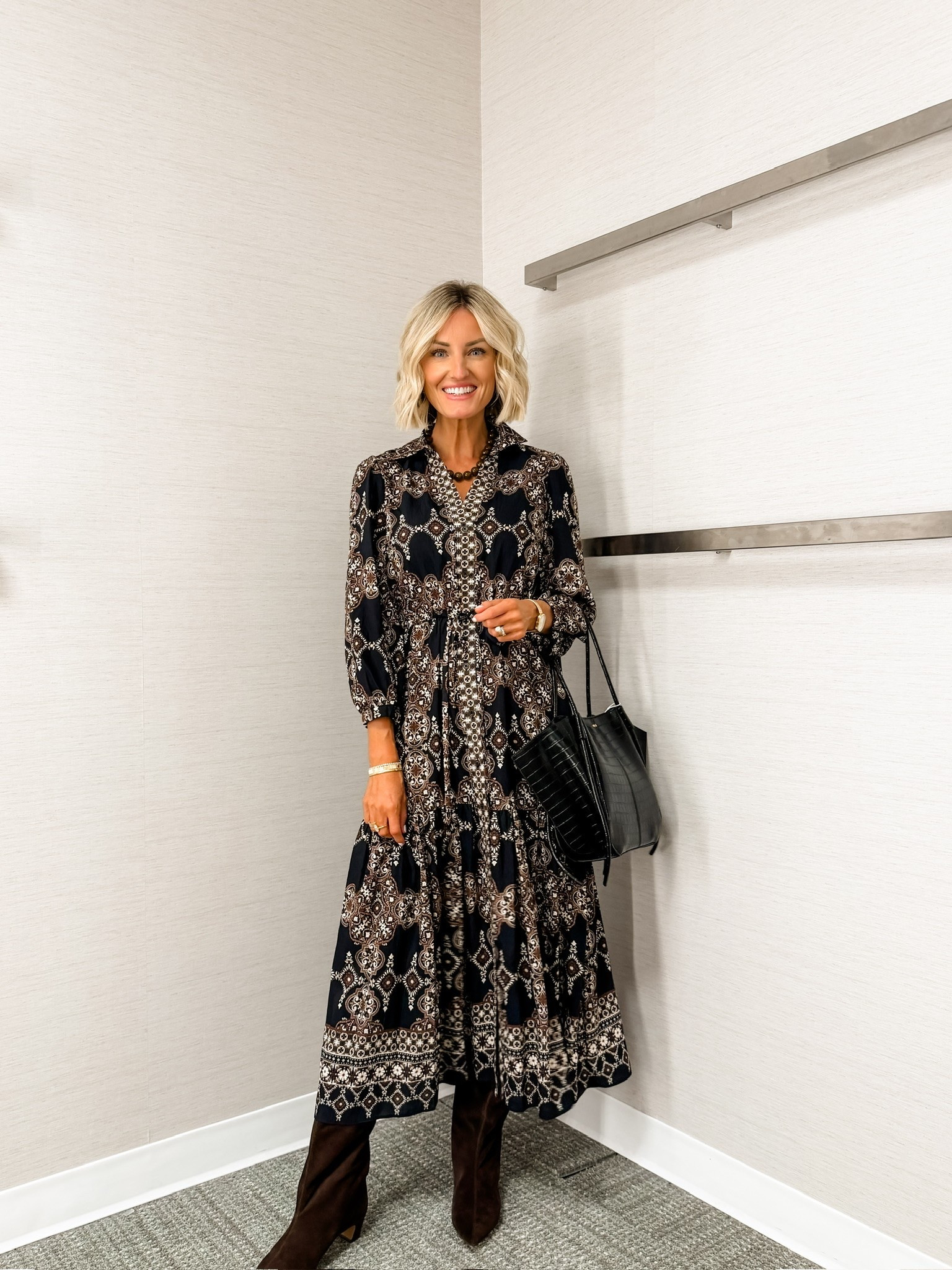 This pattern is so stunning! Obsessed with the silhouette and the detail. The neutral colors in the pattern make it so easy to style! Wearing size 2

Loverly grey, nsale 2026, Nordstrom anniversary sale, black pattern maxi dress, work and weekend outfit ideas, how to style brown suede boots, fall outfit inspo, women’s fashion sale

#LTKSeasonal #LTKSaleAlert