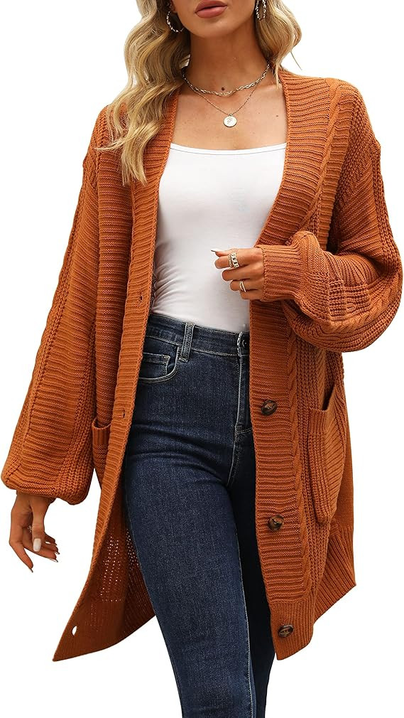 Metyou Women's Long Sleeve Open Front Cardigan Sweaters Oversized Cable Knit Button Outwear with ... | Amazon (US)