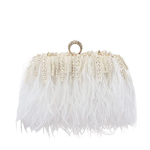 Women Real Natural Ostrich Feather Evening Bags Purses Clutch Vintage Banquet Handbag (white with pearl) | Amazon (US)