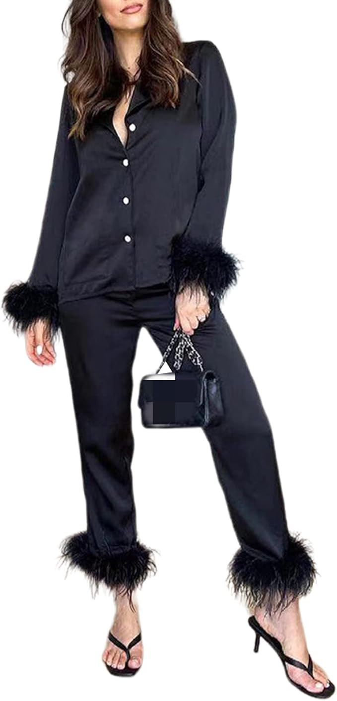 NUFIWI Women Pajamas Set Button Down Long Sleeve Sleepwear Feather Trim Nightwear Loungewear Pjs | Amazon (US)