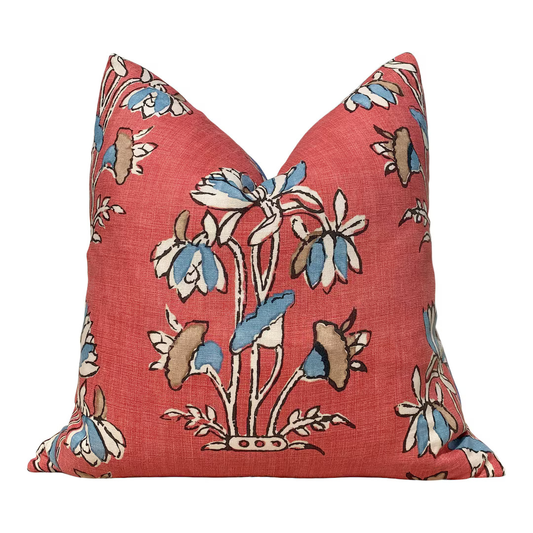 Thibaut Lily Flower Pillow in Coral. Designer Pillows, Accent Pillow in Red Blue, Euro Sham Cushi... | Etsy (US)