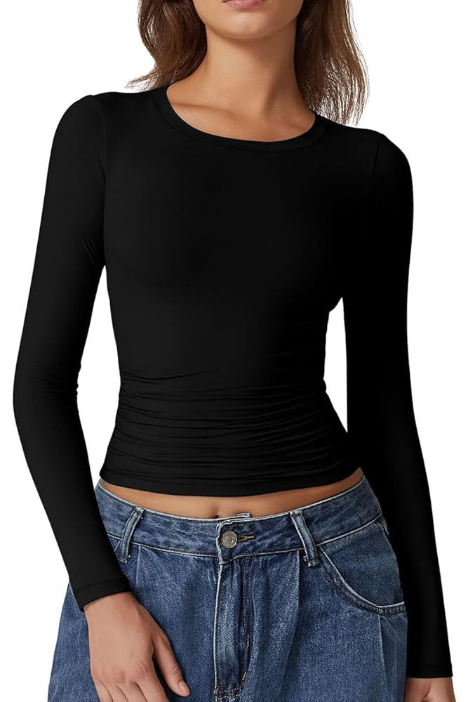 QINSEN Womens Crewneck Long Sleeve Shirt Double Lined Basic Tees Side Ruched Going Out Crop Tops | Amazon (US)
