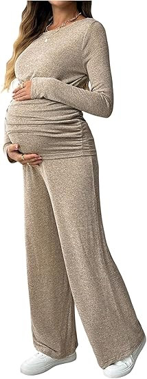 OYOANGLE Women's Maternity 2 Piece Outfits Long Sleeve Ruched Nursing Top and Straight Leg Pants ... | Amazon (US)