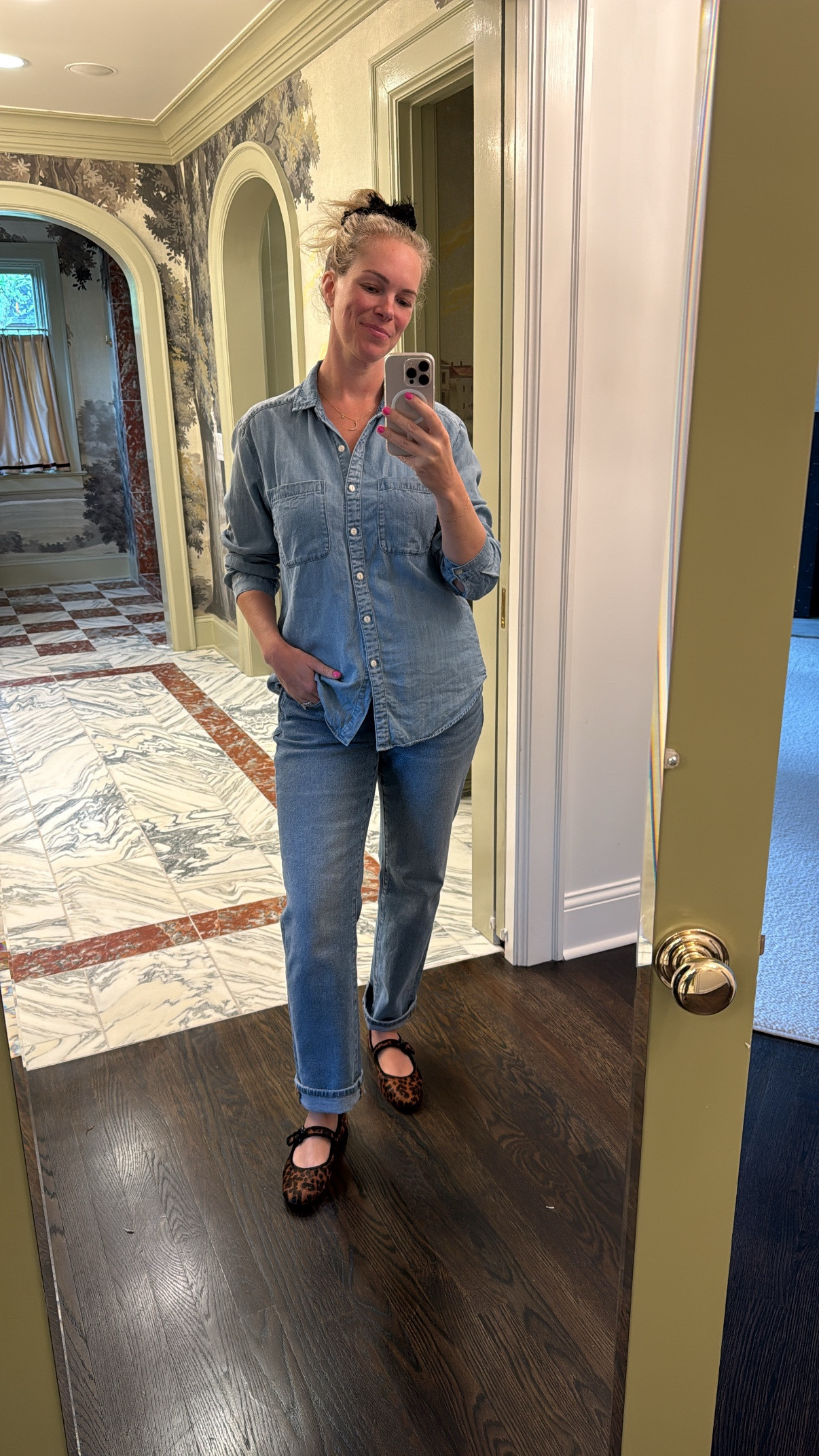 Denim on denim with my fave flat for today! And i *love* these maternity jeans! 

#LTKWatchNow #LTKShoeCrush #LTKBump