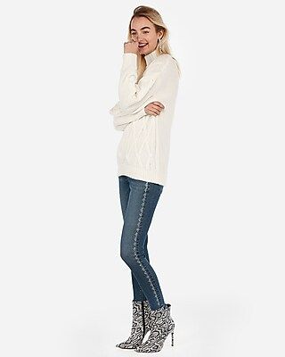 Cable Knit Mock Neck Oversized Tunic Sweater | Express