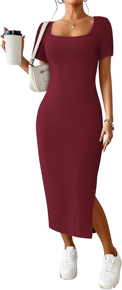 CFLONGE Women's 2024 Summer Bodycon Sundresses Casual Short Sleeve Square Neck Midi Dress Knit Si... | Amazon (US)