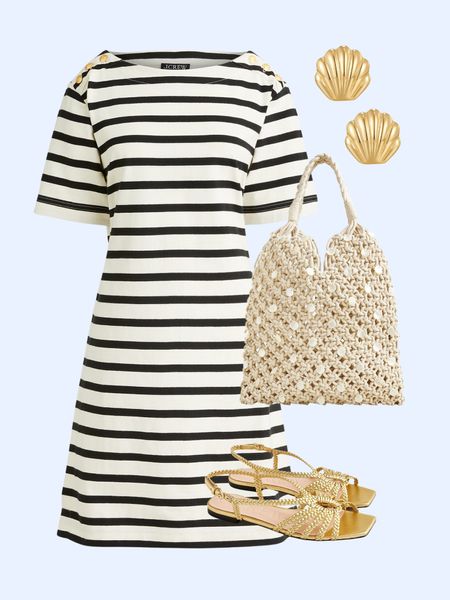 Striped nautical style dress, gold sandals, shell earrings, net bag 

#LTKstyletip #LTKshoecrush #LTKitbag