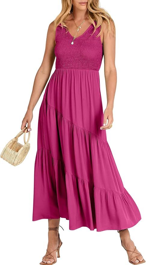 ANRABESS Women's Summer Casual Sleeveless V Neck Smocked Boho Asymmetric Tiered Beach Long Dress ... | Amazon (US)