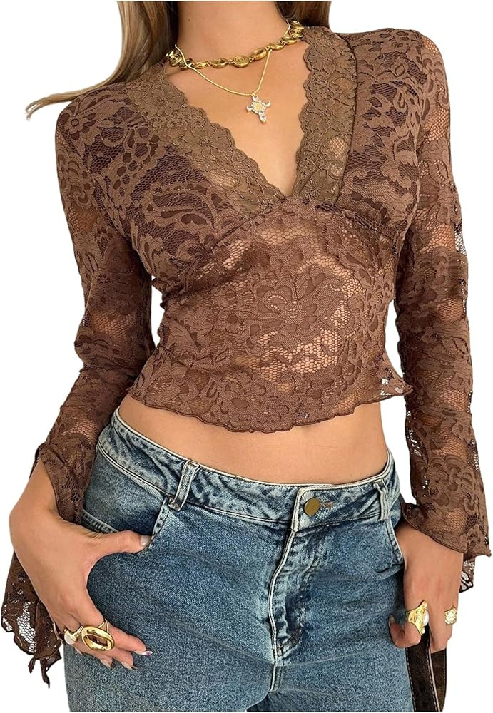 MakeMeChic Women's Floral Lace Bell Sleeve T Shirt Deep V Neck Scallop Mesh Crop Tops | Amazon (US)