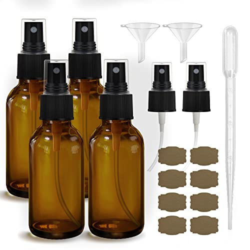 GIVAMEIHF Amber Glass Spray Bottles 4oz,Small Empty Glass Spray Bottle Fine Mist Spray Refillable Containers,Mini Travel Spray Bottles set of 4,Included 6 Sprinkler,2 Funnels,1 Droppers,8 Labels | Amazon (US)