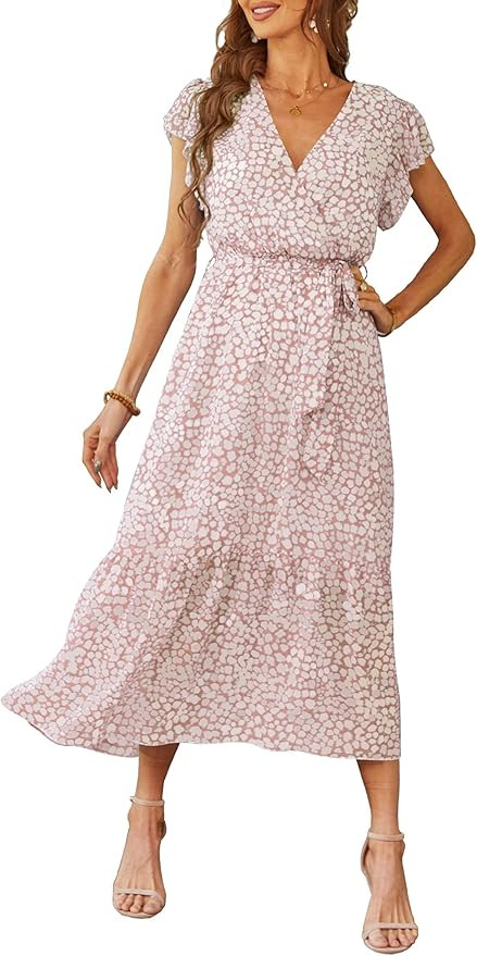 PRETTYGARDEN Women's Summer Floral Boho Maxi Dress Wrap Short Sleeve V Neck Ruffle A-Line Flowy W... | Amazon (US)