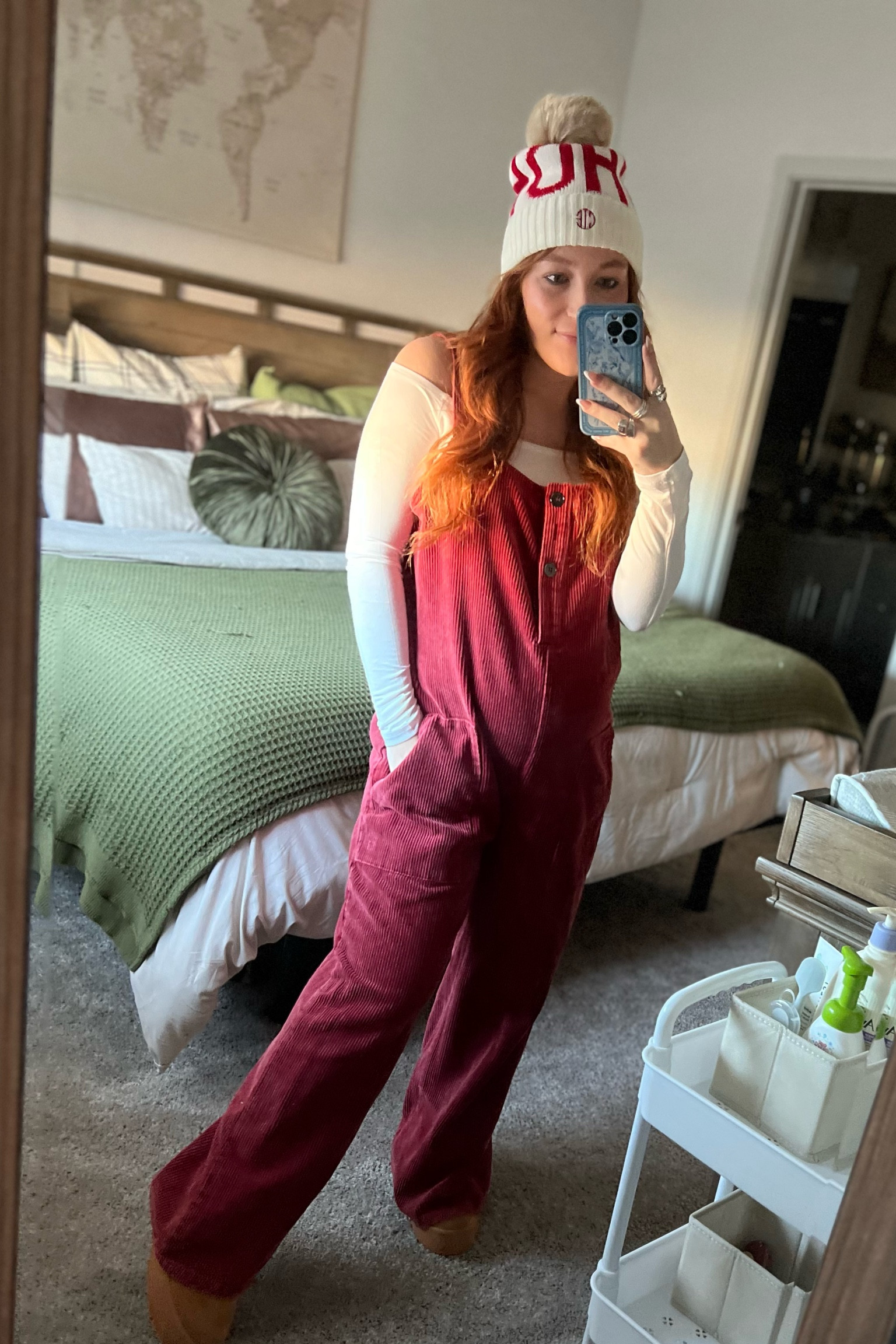 Maternity Overalls - Comfy Maternity Jumpsuit - Mindy Mae’s Market Corduroy Overalls - Amazon Off the Shoulder Long Sleeve Top - Mark and Graham Holiday Hat - Holiday Beanie - Ugg Dupe Slippers 

#LTKstyletip #LTKbump #LTKshoecrush