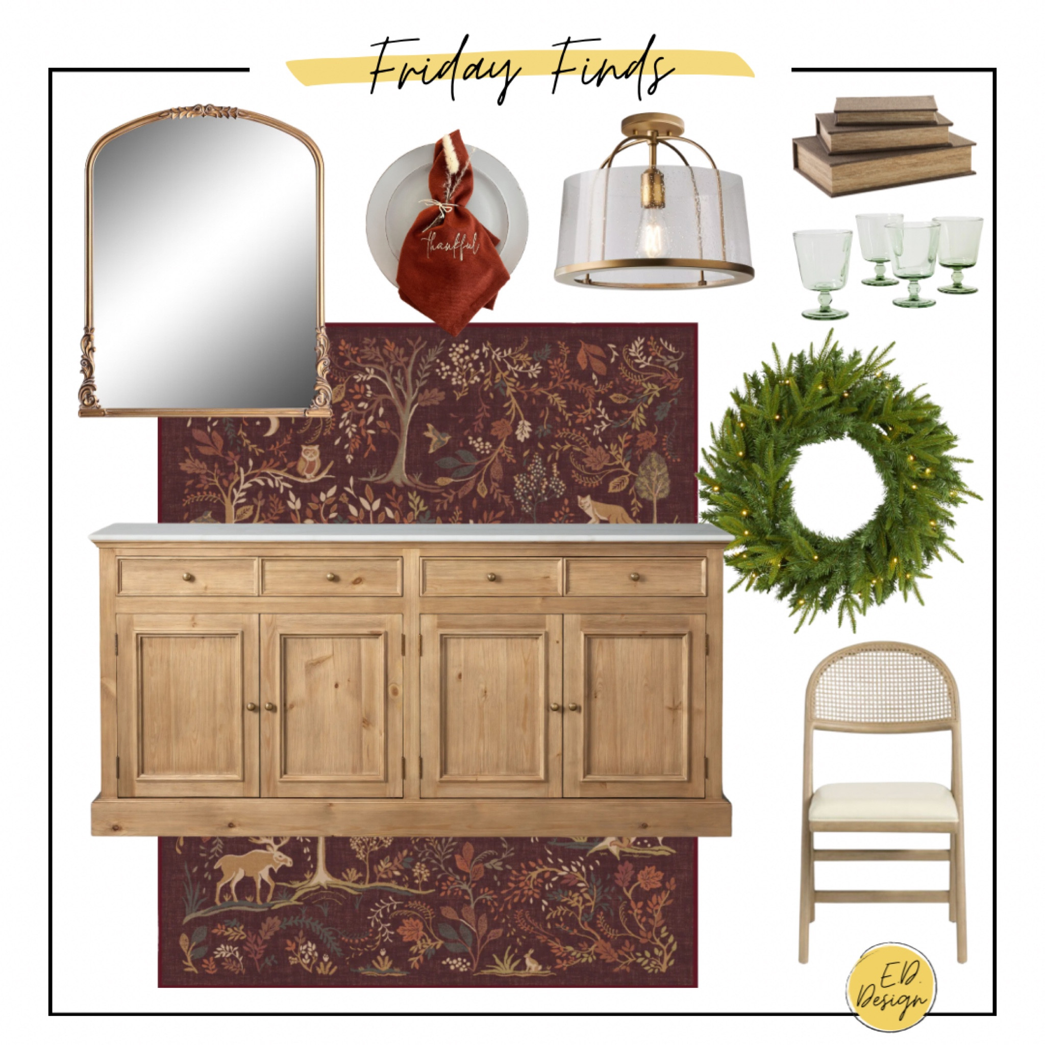 Friday finds ✨ wreath, burgundy rug, sideboard, gold mirror, folding chair, brass ceiling light, glassess

#LTKSeasonal #LTKHome #LTKHoliday