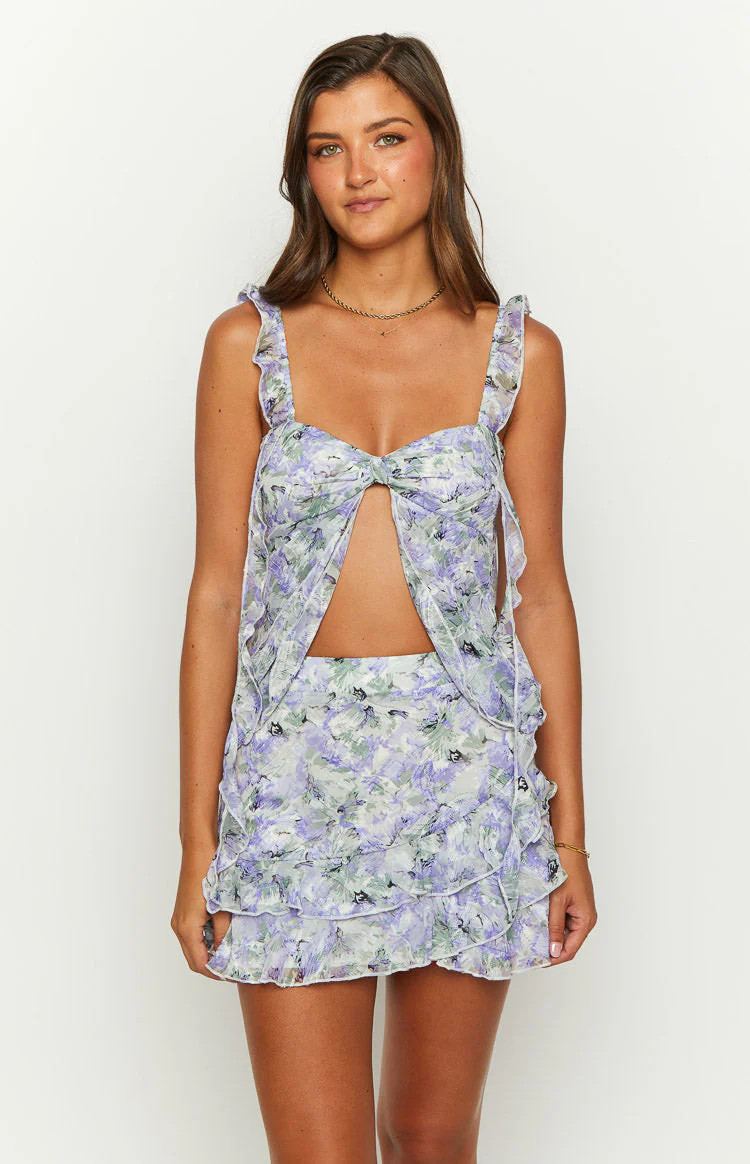 Caspian Purple Floral Print Chiffon Mini Skirt | Beginning Boutique (US)