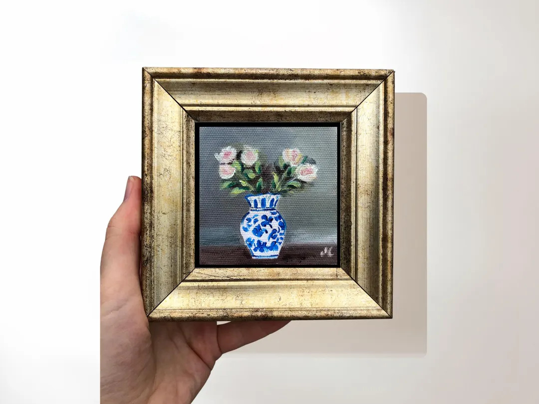 Vintage Roses in a Blue and White Vase Original Painting; Gold Framed 5x5 Inch Miniature Chinese ... | Etsy (US)