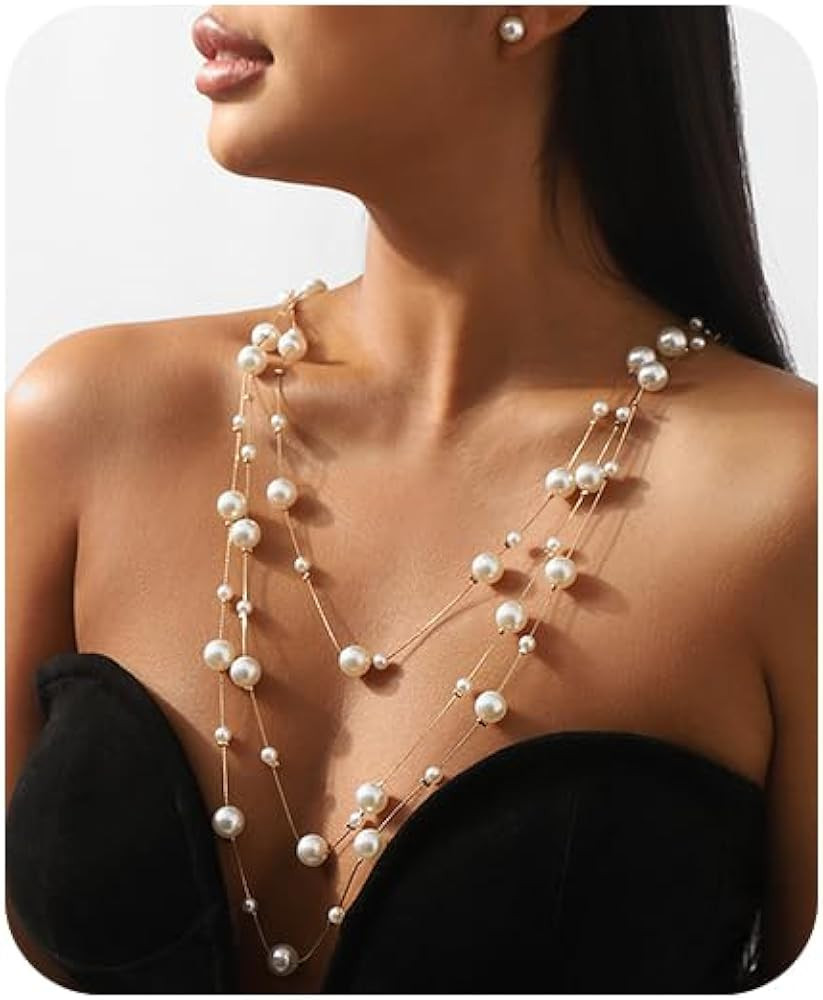 Vintage Pearl Multi Strand Necklace for WomenPearl Tassel Long Chain Necklace Set with Pearl Stud... | Amazon (US)