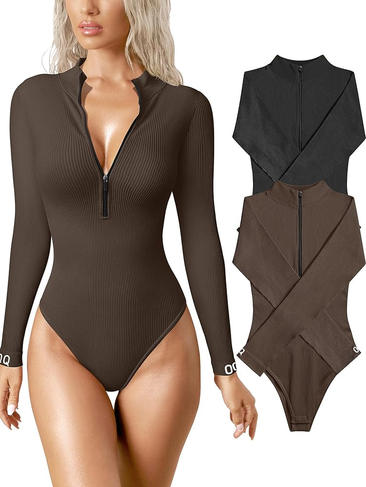 OQQ Women's 2 Piece Bodysuits Sexy Ribbed One Piece Zip Front Long Sleeve Tops Bodysuits | Amazon (US)