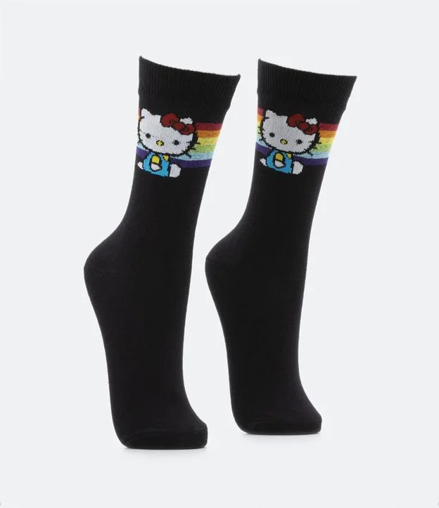 Meia Cano Alto em Algodão com Estampa Hello Kitty Arco Iris Preto | Renner (BR)