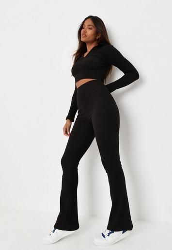 Missguided - Black Rib High Waisted Flared Trousers | Missguided (UK & IE)