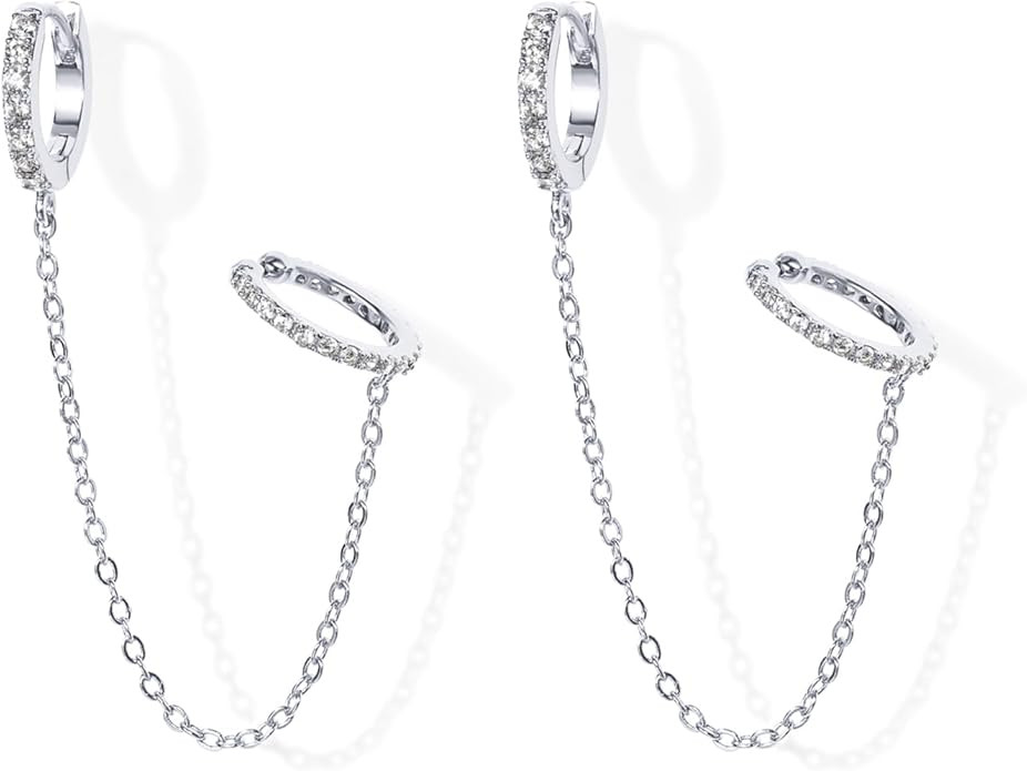 PAVOI 14K Gold Chain Earrings for Women | Double Piercing Dangle Chain Huggie Hoop Earrings | Cub... | Amazon (US)