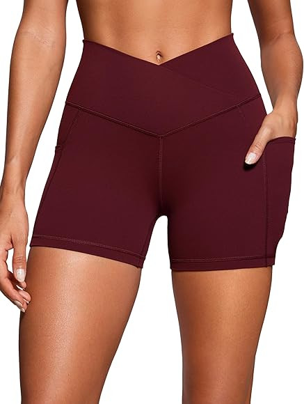CRZ YOGA Womens Butterluxe Cross Waist Biker Shorts 4" - V Crossover High Waisted Side Pockets Wo... | Amazon (US)