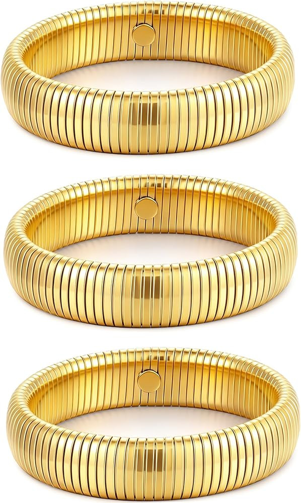 Gold Bangles for Women Set of 3 Chunky Stretch Bangles Bracelets 24K Gold Plated Stainless Steel ... | Amazon (US)