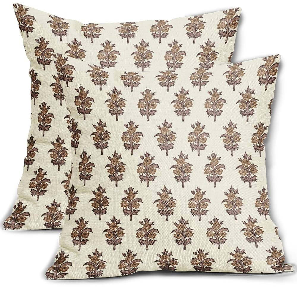 Brown Floral Block Print Pillow Covers 18x18 Set of 2 Spring Flower Pattern Decorative Throw Pill... | Amazon (US)
