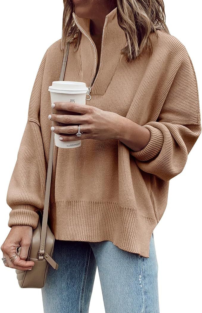 Imily Bela Women's 1/4 Zip Collared Sweaters Long Sleeve Oversized Slit Side Slouchy Sweatshirt K... | Amazon (US)