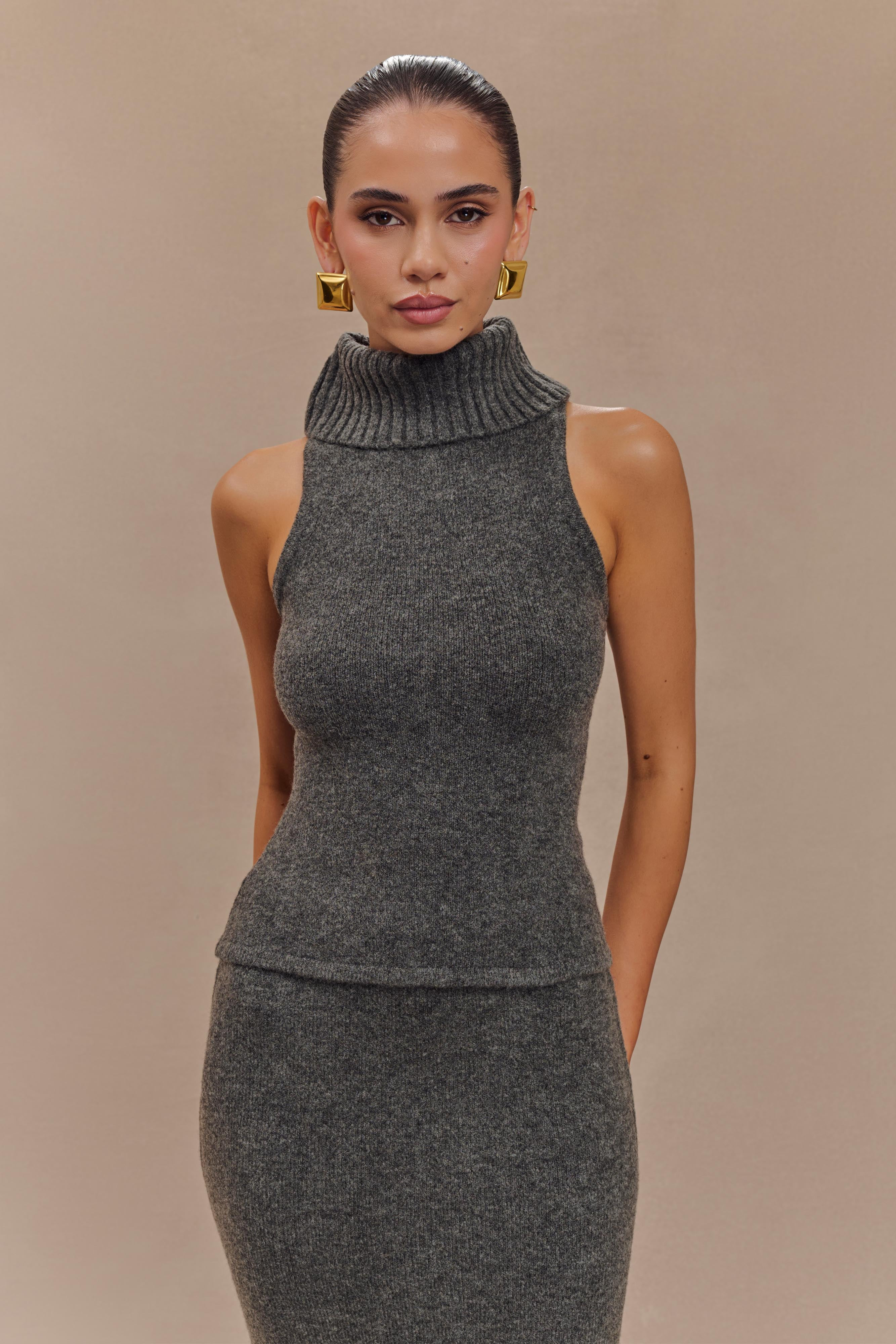 Elise Roll Neck Knit Top - Charcoal Marle | Meshki UK