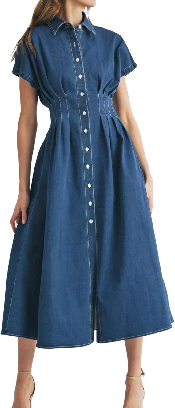 Women's Summer Denim Shirt Dress Lapel V Neck Short Sleeve Midi Jean Dress Button Down Long Dress... | Amazon (US)