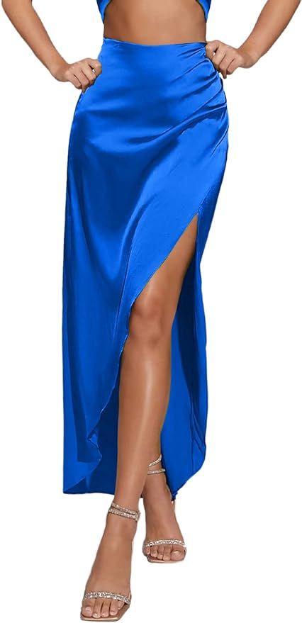 Rooscier Women's Satin Silk Split Ruched High Waist Bodycon Asymmetrical Sexy Midi Skirt | Amazon (US)