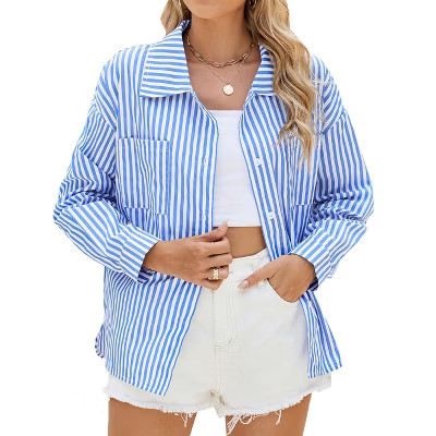 Oversized Stripe Shirt - Women's Long Sleeve Casual Button Down Top Blue L | Target
