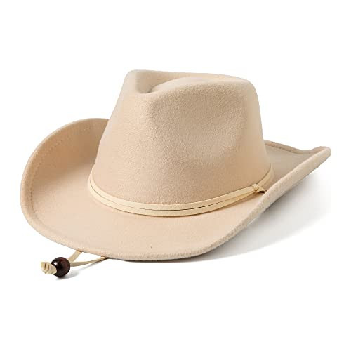 Lanzom Kids Girls Boys Wide Brim Western Cowboy Cowgirl Hat Classic Felt Dress Up Hat with Wind Lanyard(Beige,5-12 Years) | Amazon (US)