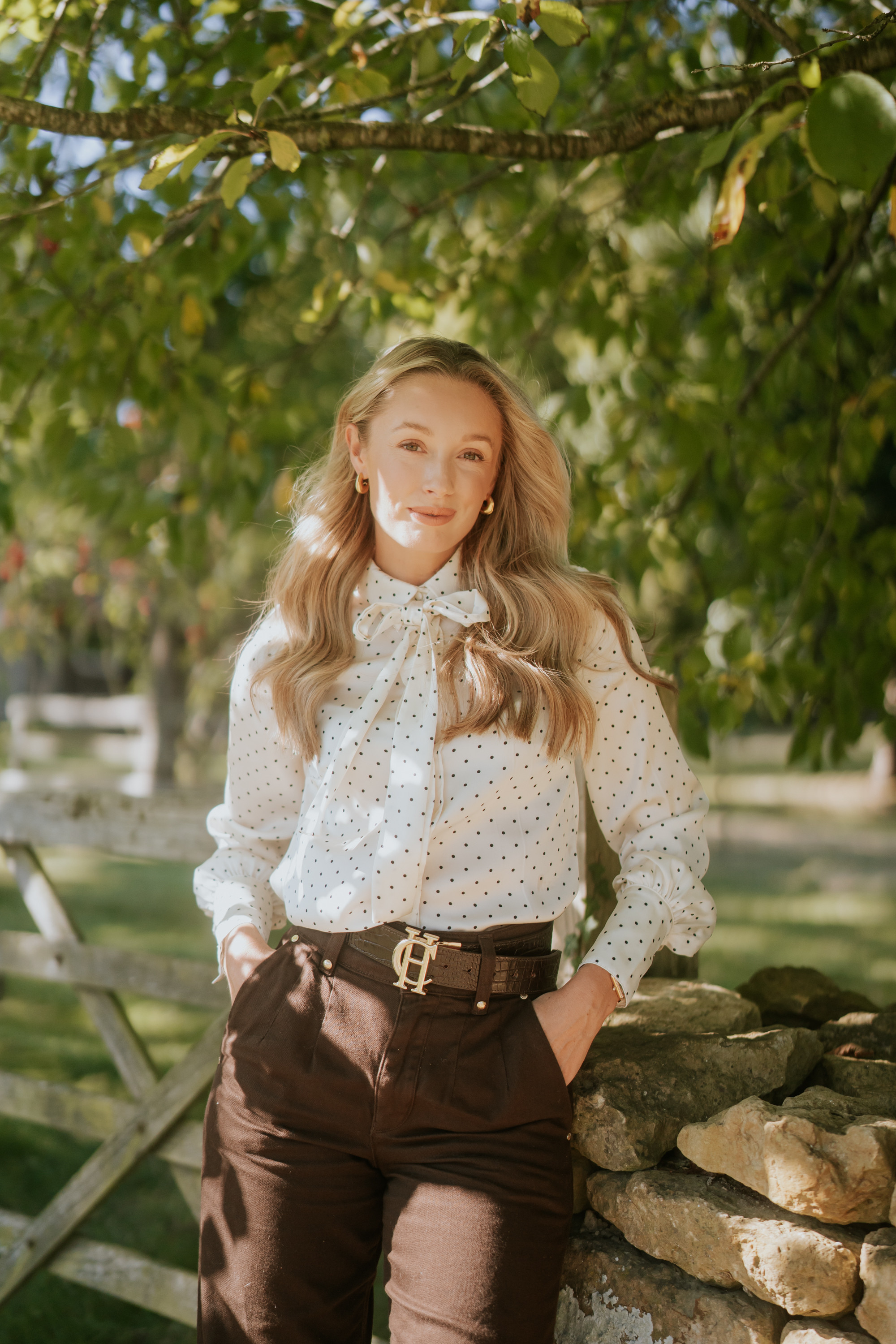 Ralph Lauren inspired Autumn outfit 🍁 Polka dot blouse, brown jeans and suede accessories. Holland Cooper outfit. Chic, country style 🫶🏻 

 #LTKFashionMonth #LTKuk #LTKautumn