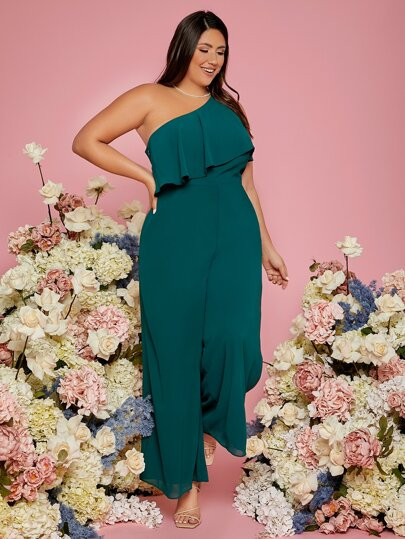 SHEIN Plus One Shoulder Ruffle Trim Wide Leg Jumpsuit | SHEIN
