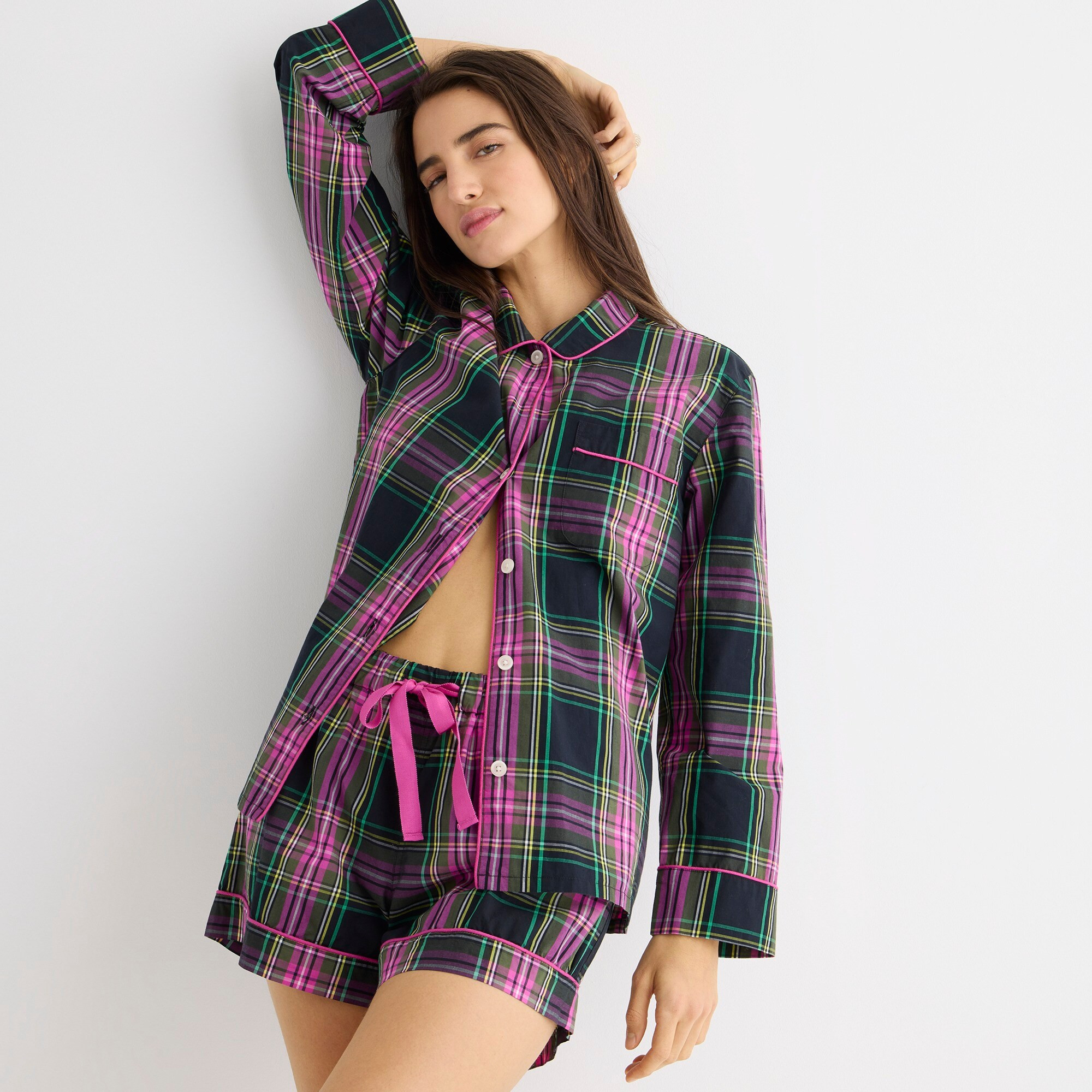 Long-sleeve cotton poplin pajama short set in pink Stewart tartan | J. Crew US