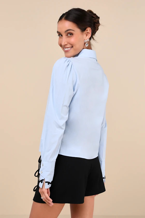 Cody Blue Cord Trim Long Sleeve Pearl-Snap Top | Lulus