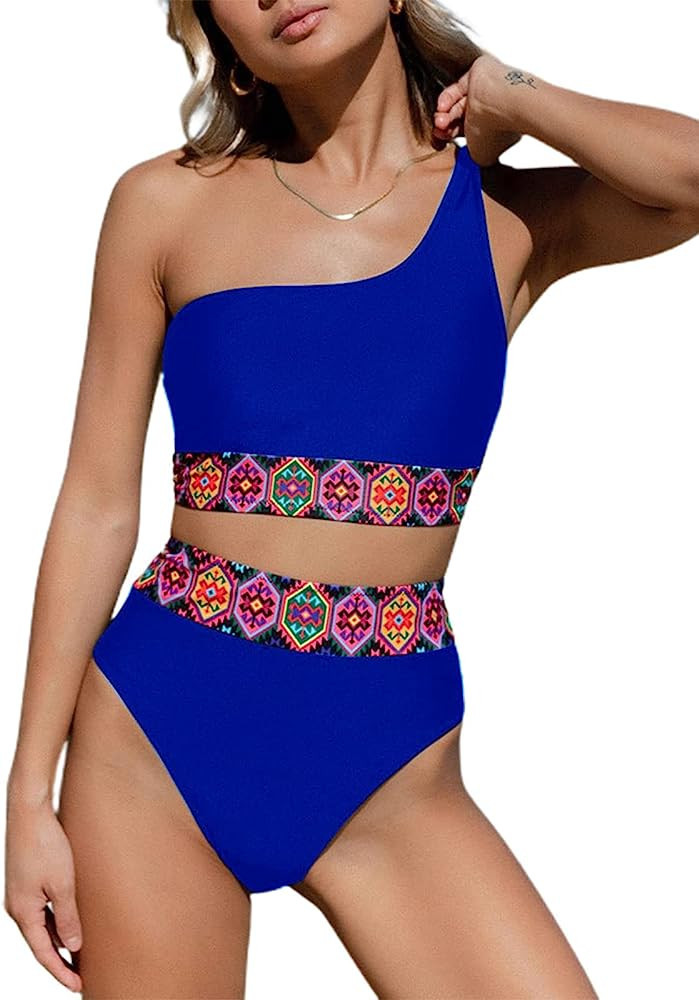 Hilinker Women's Boho One Shoulder 2 Piece Swimsuit Patchwork High Waisted Bikini Set | Amazon (US)