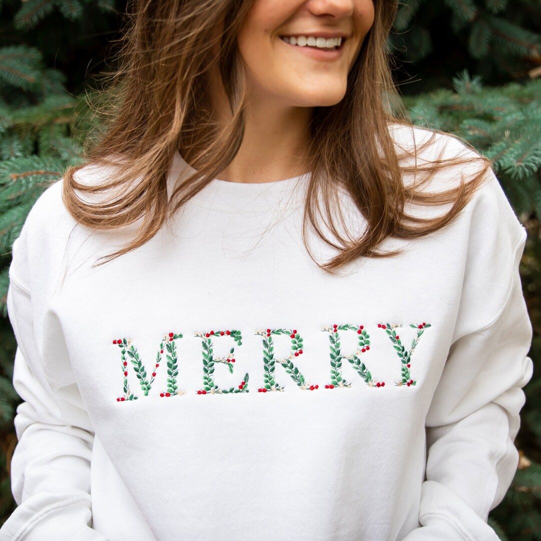 MERRY Christmas Floral Embroidered Gemma Crewneck Sweatshirt - Etsy | Etsy (US)